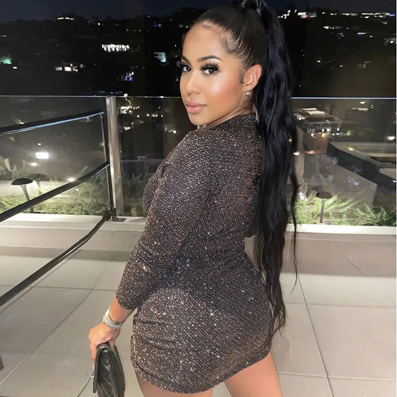 Shiny Hollow Out Bodycon Dress with Tie Detail