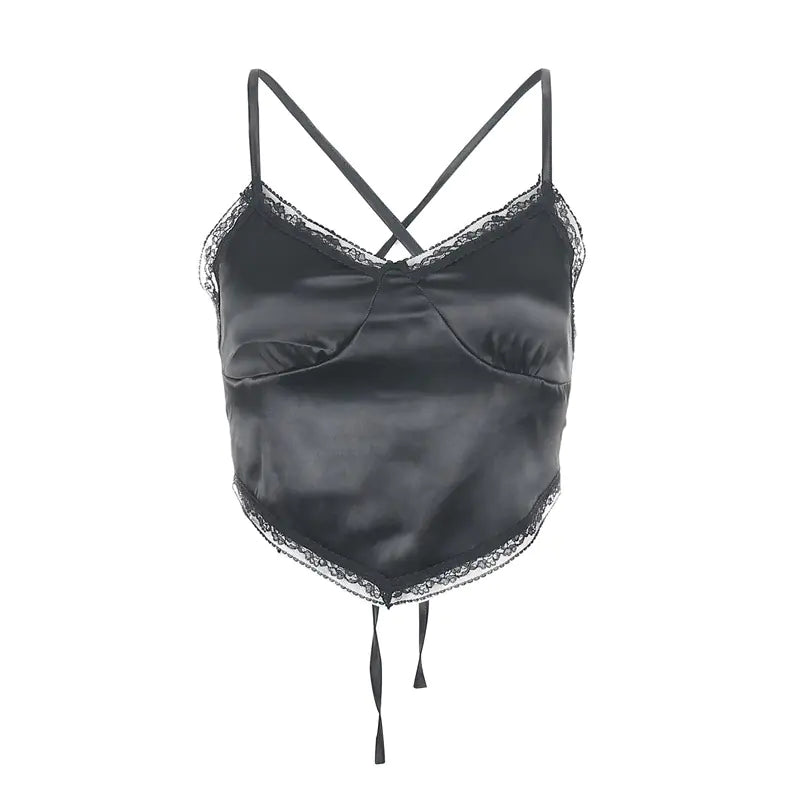 Fashionable Sexy V-Neck Lace Satin Cami Top for Women
