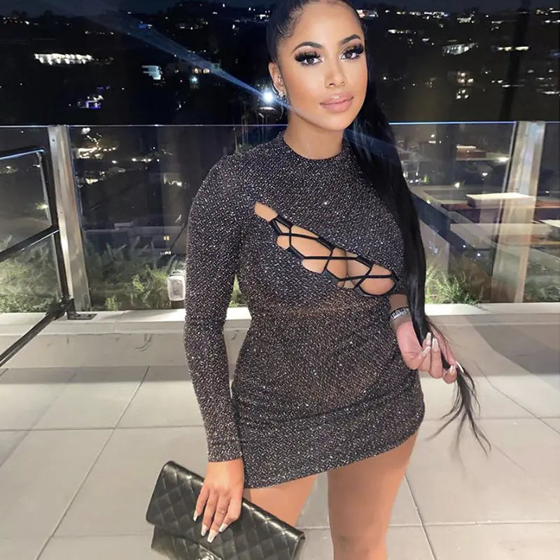 Shiny Hollow Out Bodycon Dress with Tie Detail