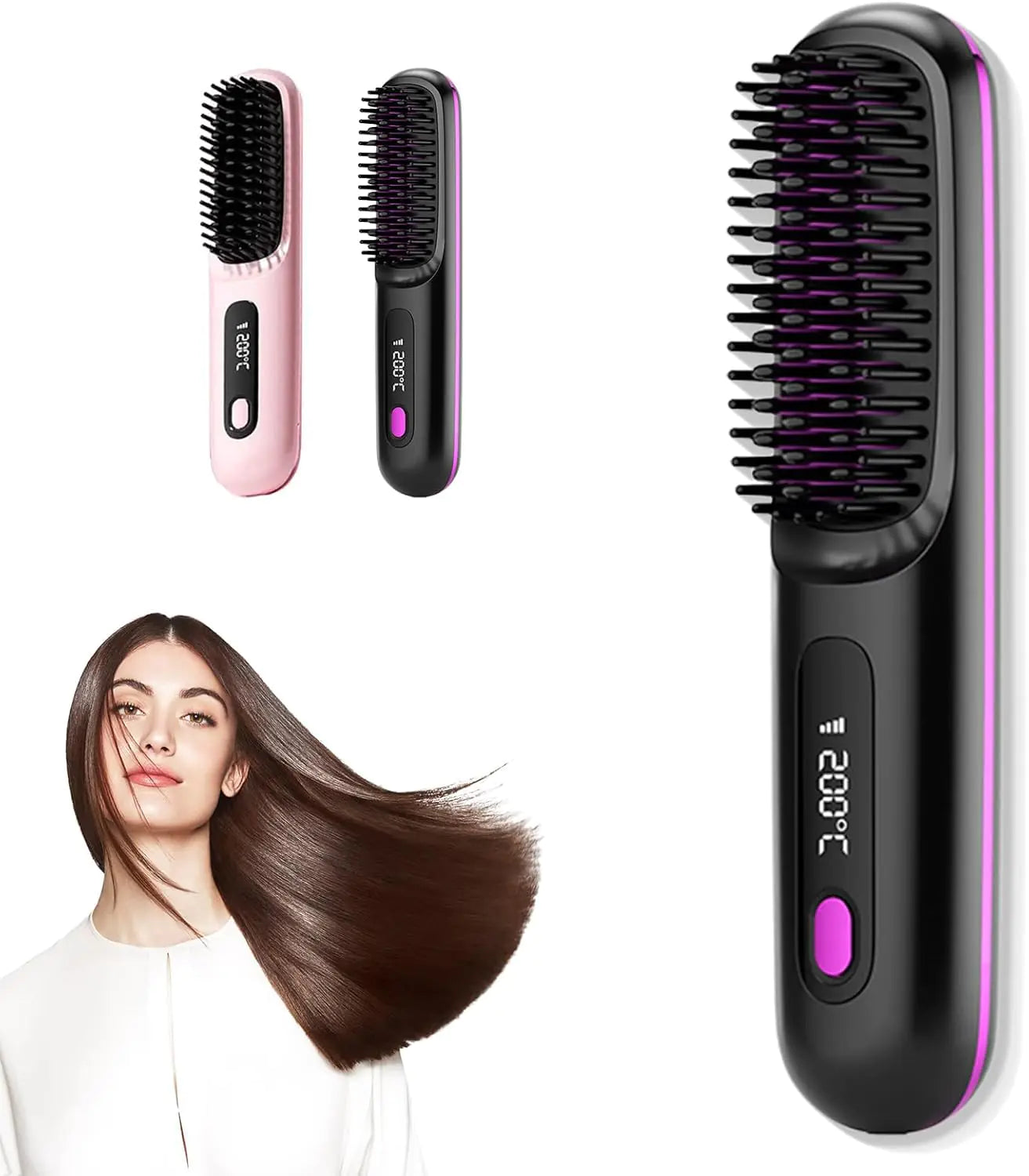 Portable Straightener Brush - Gobrush Pro Go Brush Pro Straightener Rechargeable & Cordless Mini Hair Straightener CombPortable Straightening Brush for Travel (Black)