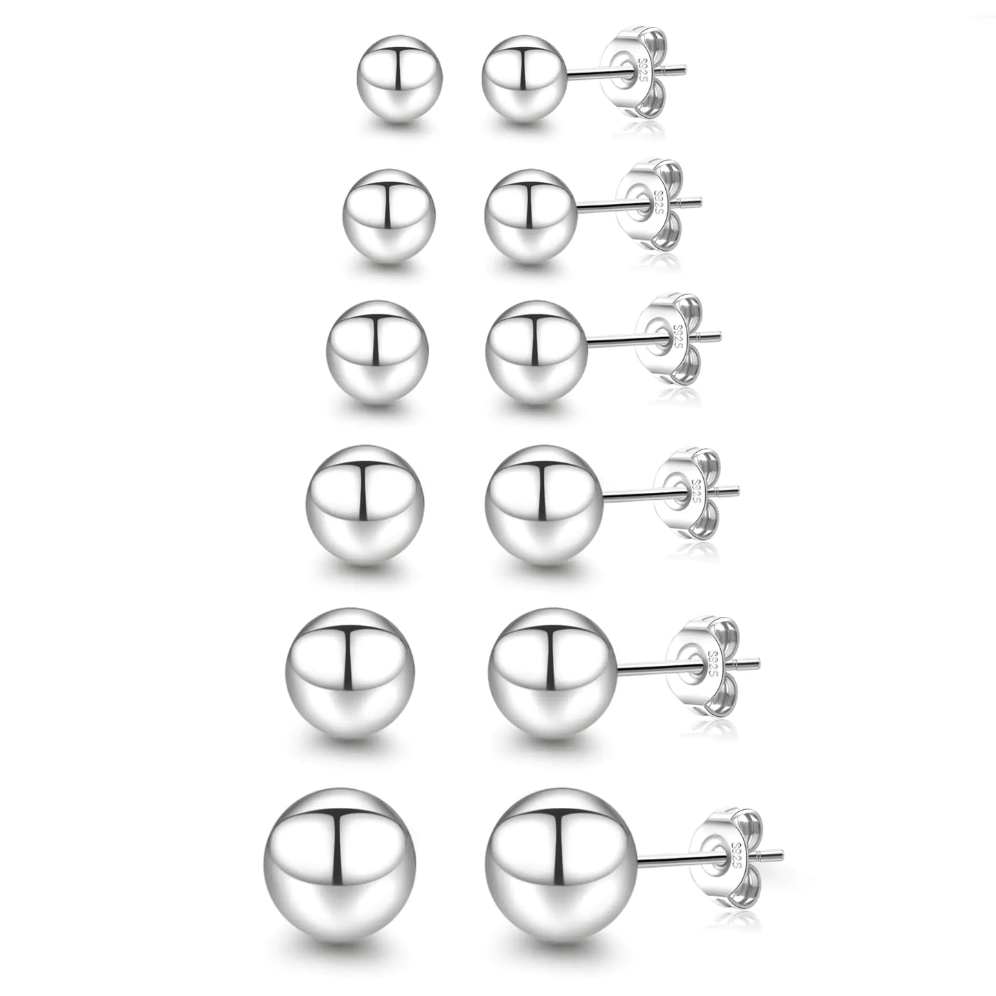 Senteria 6 Pairs Silver Stud Earrings for Women Hypoallergenic 925 Sterling Silver Stud Earrings Set Small Ball Stud Earrings for Women Dainty Silver Stud Earrings Set for Multiple Piercing 3-8MM