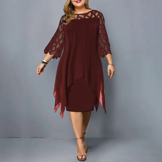 Elegant Oversized Lace Mesh Midi Party Dress for Women