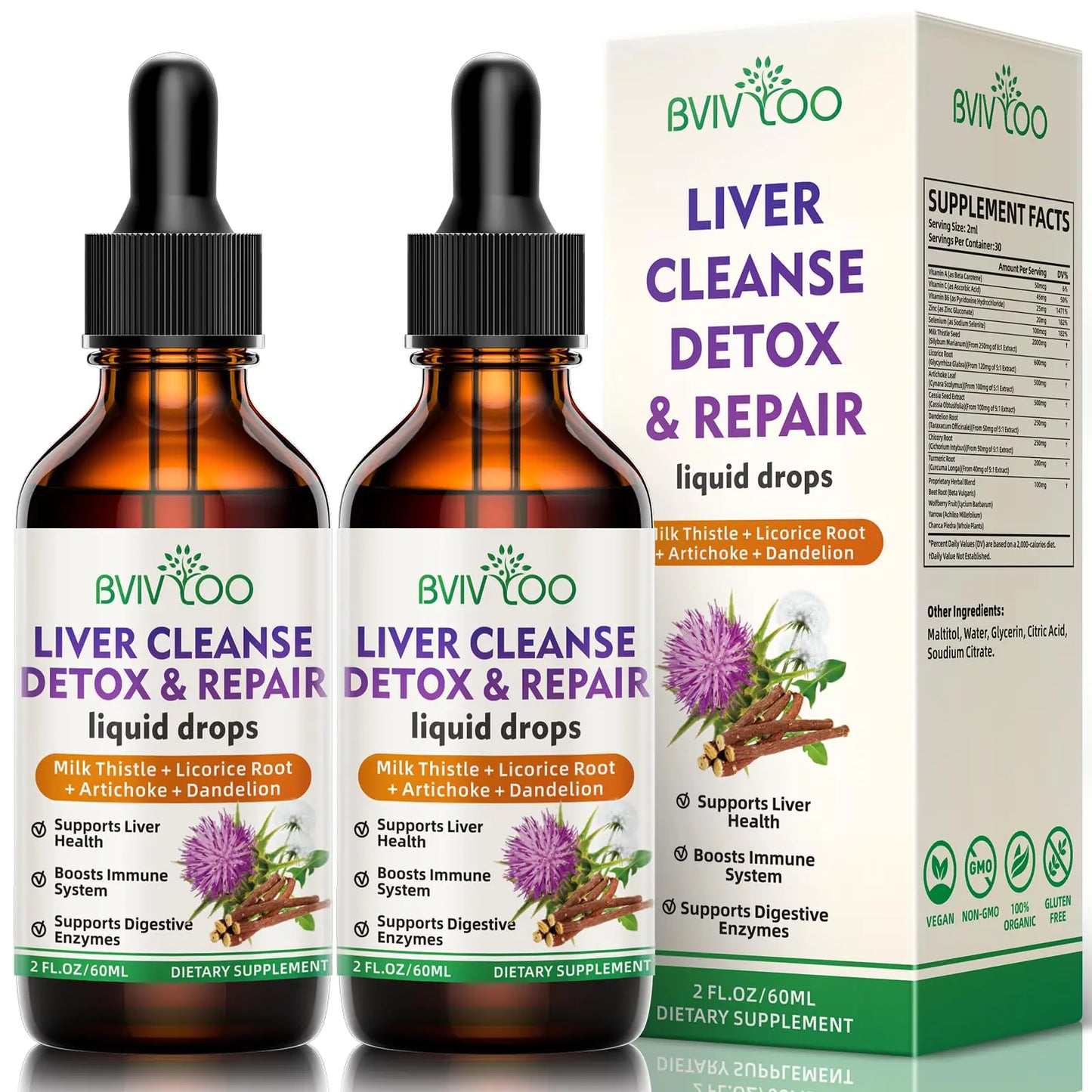 2 Pack Liver Cleanse Detox & Repair Liquid Drops - 2000mg Milk Thistle Dandelion Root Artichoke Silymarin Extract & Turmeric Herbs - Vegan Non-GMO - 4 Fl Oz (120ml)