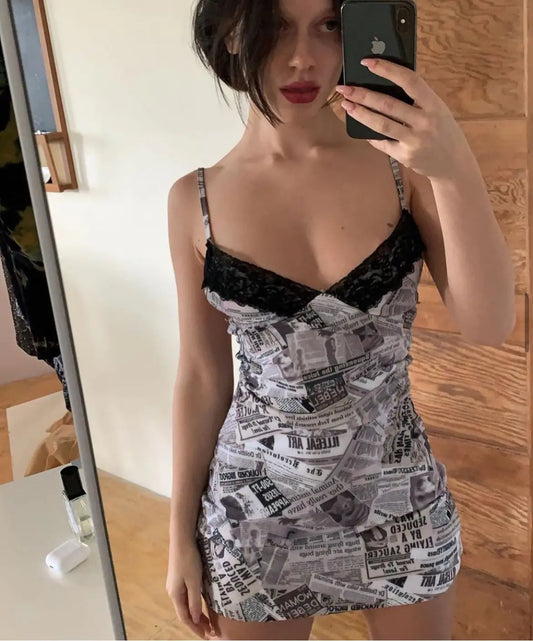 Black and White Lace Dress with Newspaper Print