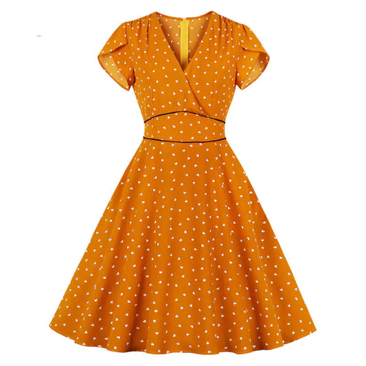Plus Size Elegant French Vintage Orange Polka Dot Dress