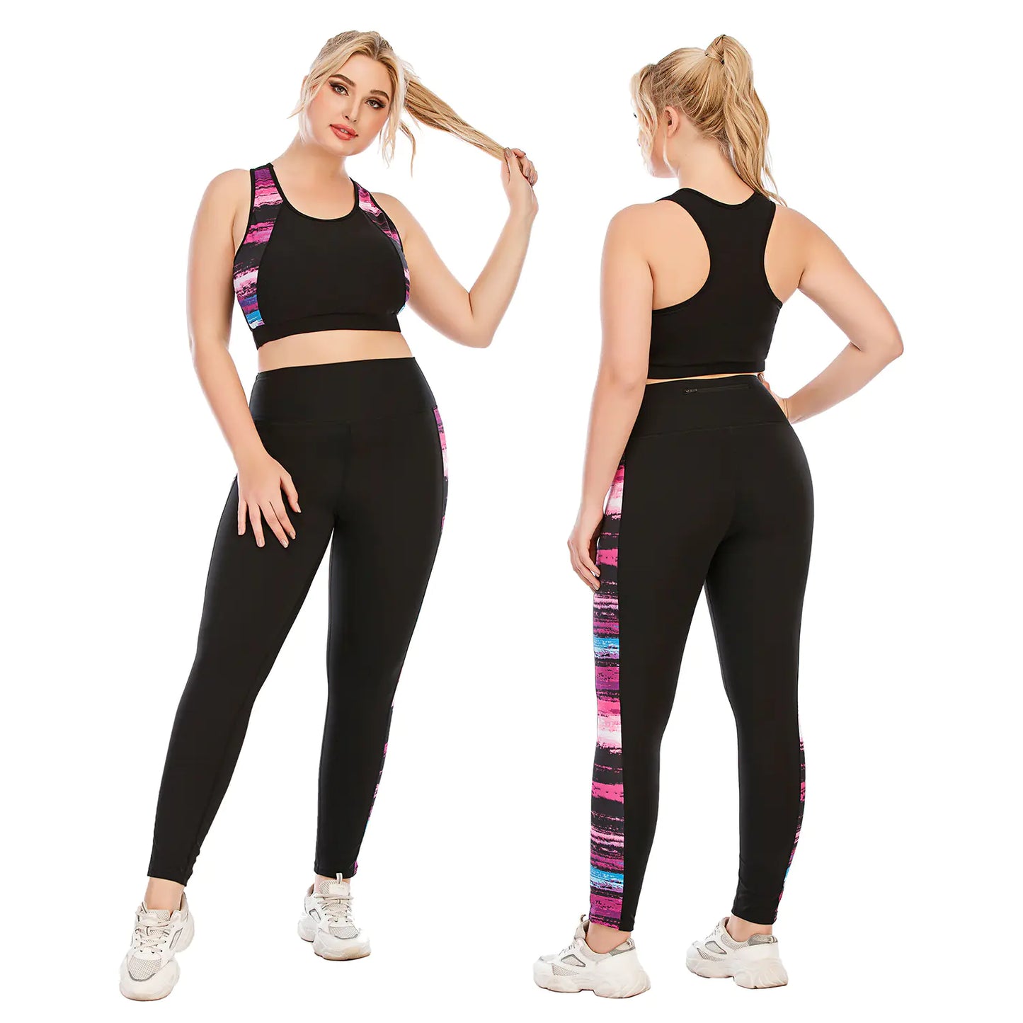 Plus Size Color Block Yoga Set with Sports Bra