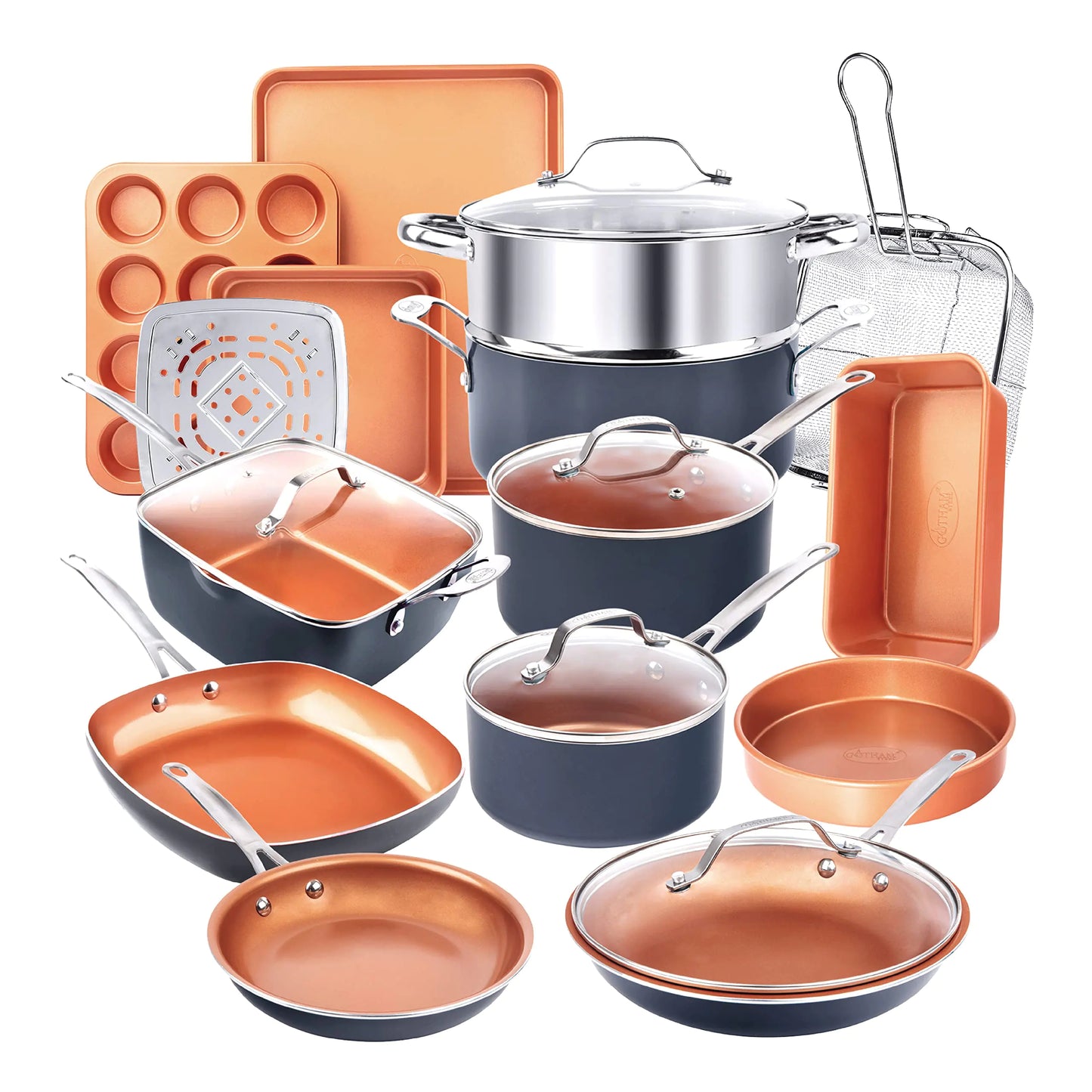 Gotham Steel 20 Pc Pots and Pans Set Bakeware Set Ceramic Cookware Set for Kitchen Long Lasting Non Stick Pots and Pans Set with Lids Dishwasher / Oven Safe Non Toxic-Copper