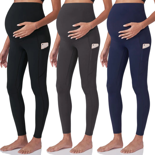 POSHDIVAH 3 Pack Black Grey Navy Blue Womens Maternity Workout Leggings Over The Belly Pregnancy Yoga Pants with Pockets XX-Large