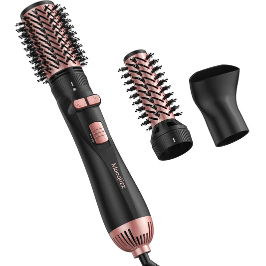 Mooqlizz Rotating Hair Dryer Brush 3 in 1 Round Hot Air Spin Brush Set Volumizer Blow Dryer Brush with 2 Brushes and Concentrator Pink Black