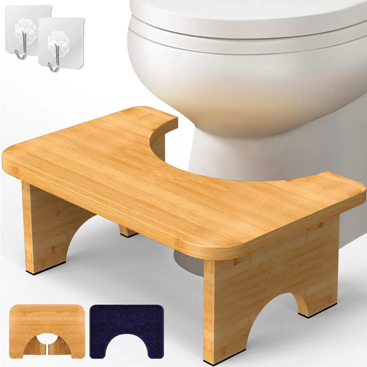 Vatex Bamboo Toilet Stool 7” Foldable Potty Poop Bathroom Stool with Extra Soft Microfiber Rug and Hooks Non-Slip Toilet Assistance Step Stool for Adult Improve Squatting Posture - Healthy Gifts