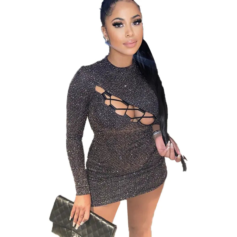 Shiny Hollow Out Bodycon Dress with Tie Detail