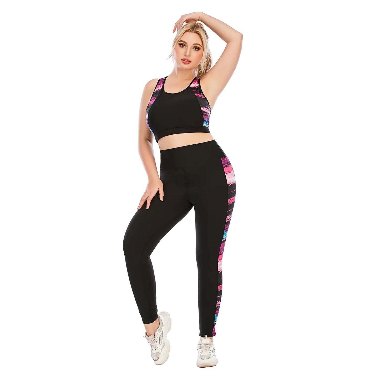 Plus Size Color Block Yoga Set with Sports Bra