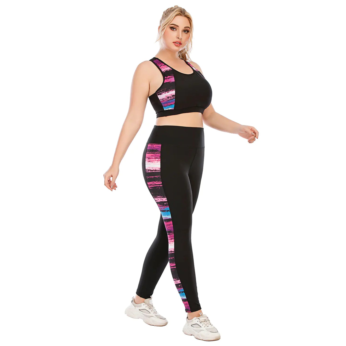 Plus Size Color Block Yoga Set with Sports Bra