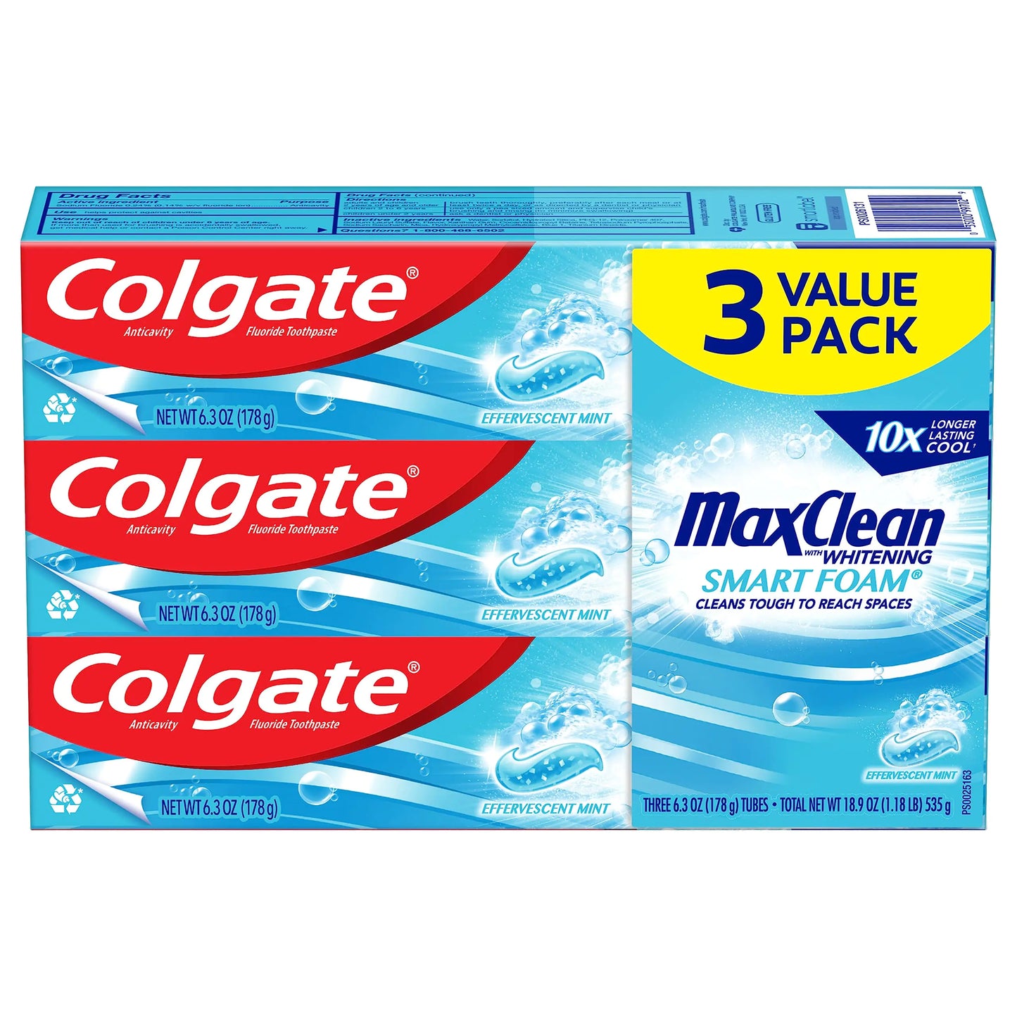 Colgate Max Clean Smart Foam with Whitening Toothpaste Effervescent Mint Toothpaste for Bad Breath 6 Oz 3 Pack